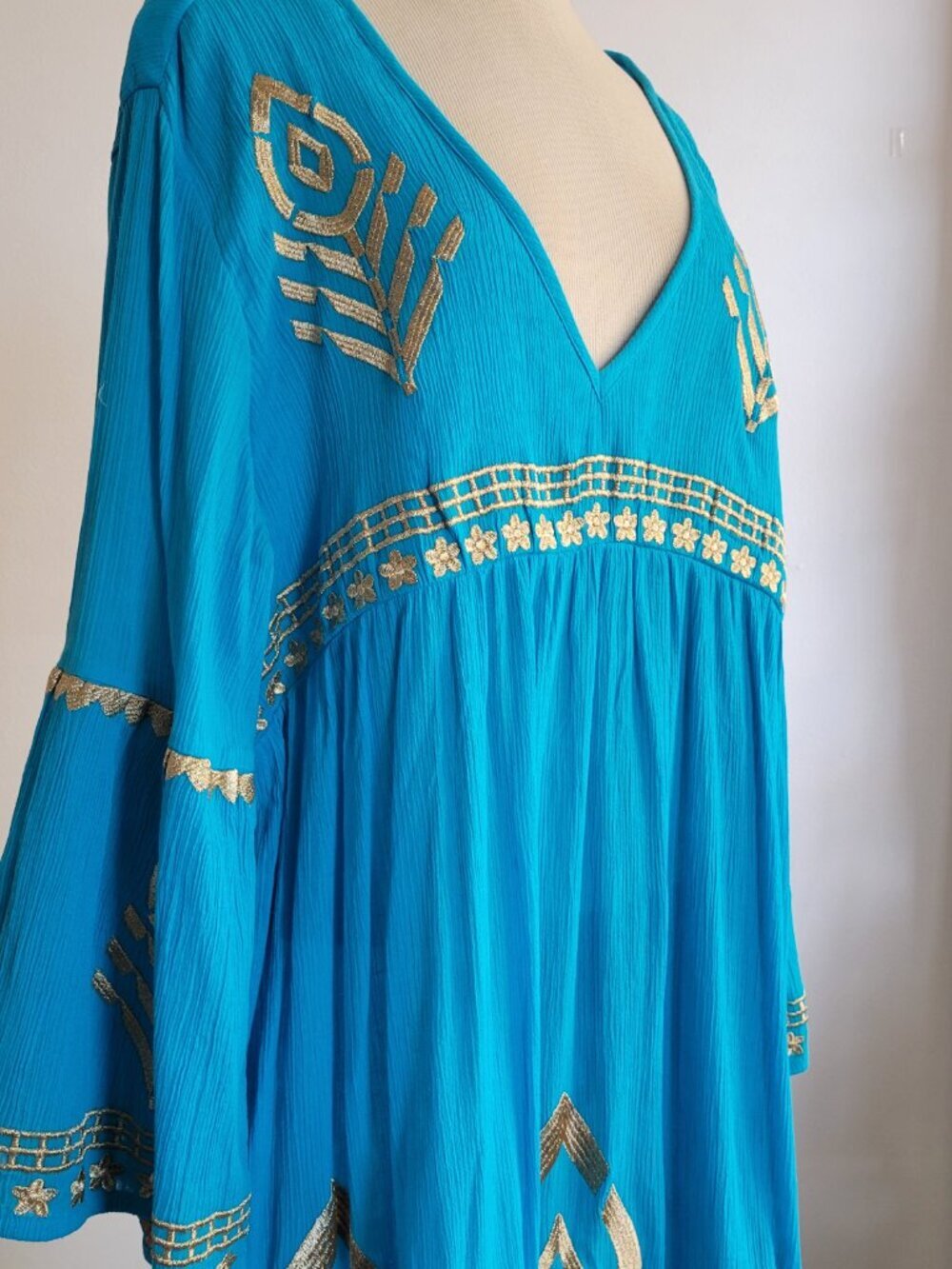 Soft Surroundings Zaneta Turquoise Babydoll Gold Flare Dress: (Size: XL) - Picture 5 of 16